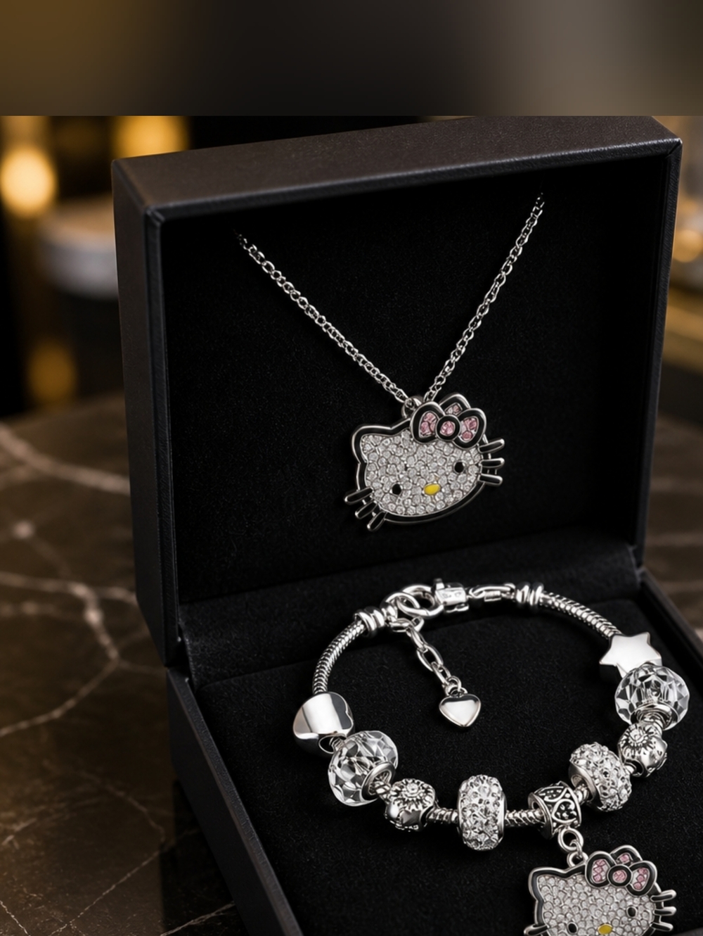 Hello Kitty Silver Crystal Pendant Necklace & Charm Bracelet Set - Pink Accents